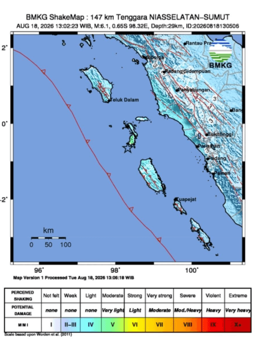 Gempa M 6,1 Guncang Perairan Nias Selatan, Tidak Berpotensi Tsunami